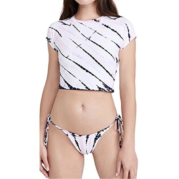 L*SPACE Tie Dye Wildflower Surfer Rash Guard Swim Top White Pink Navy Size XS - Picture 2 of 13